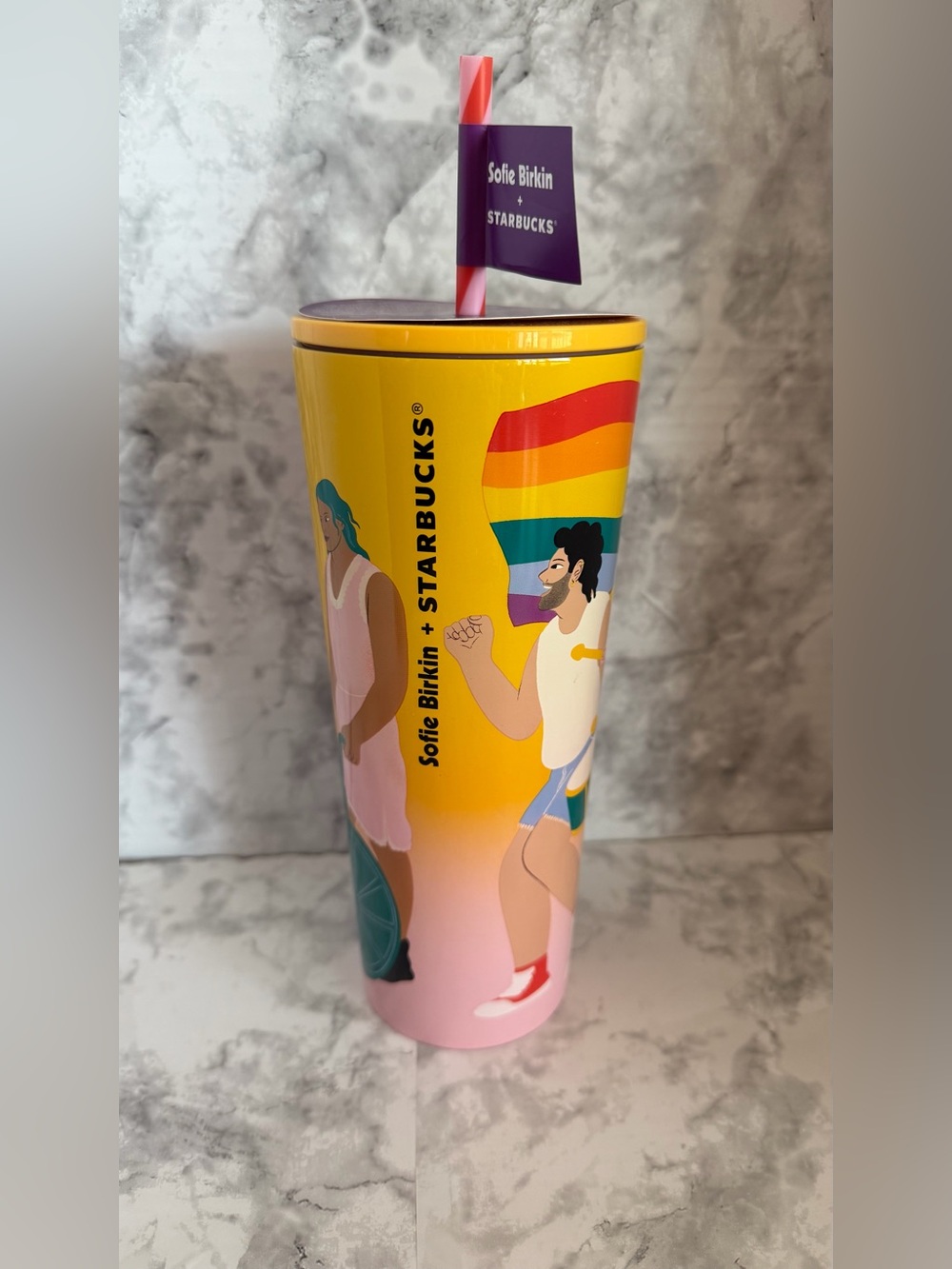 Starbucks Yellow Pride Parade Tumbler with Purple Lid and Pink Base - Picture 2 of 6
